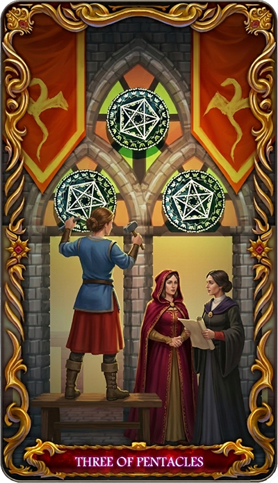 Three of Pentacles tarot card illustration