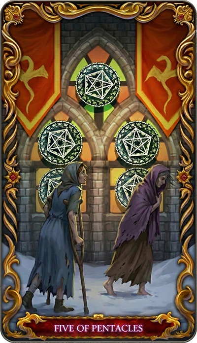 Five of Pentacles tarot card illustration