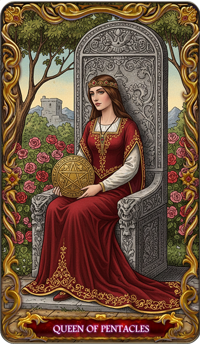 Queen of Pentacles tarot card illustration